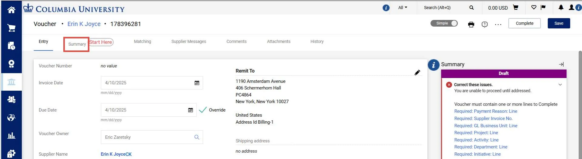 The Voucher Entry screen appears with the Summary pane indicating the required fields.