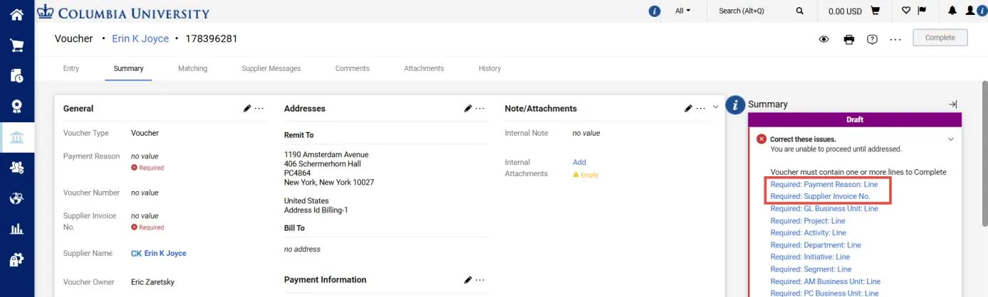 Navigate to the Summary tab to begin completing the required information.