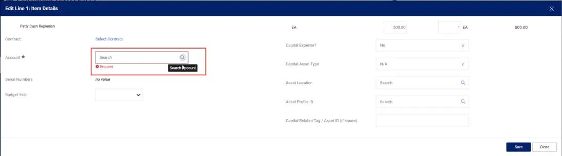 Item Details screen with the Required Link for the Account Value highlighted. 