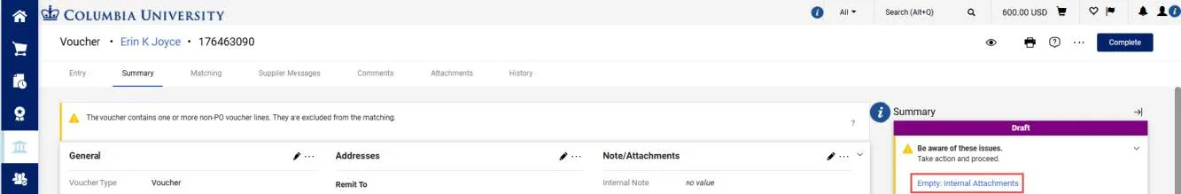 The Summary pane with the Empty Internal Attachments link highlighted.