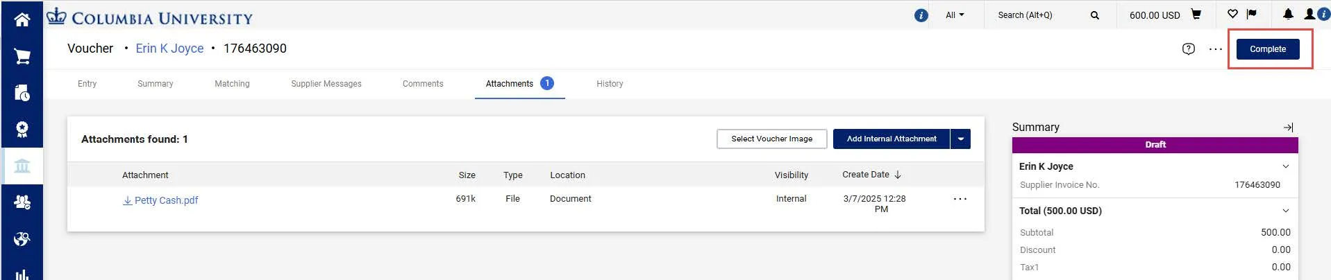 The Voucher screen with the complete button highlighted. 