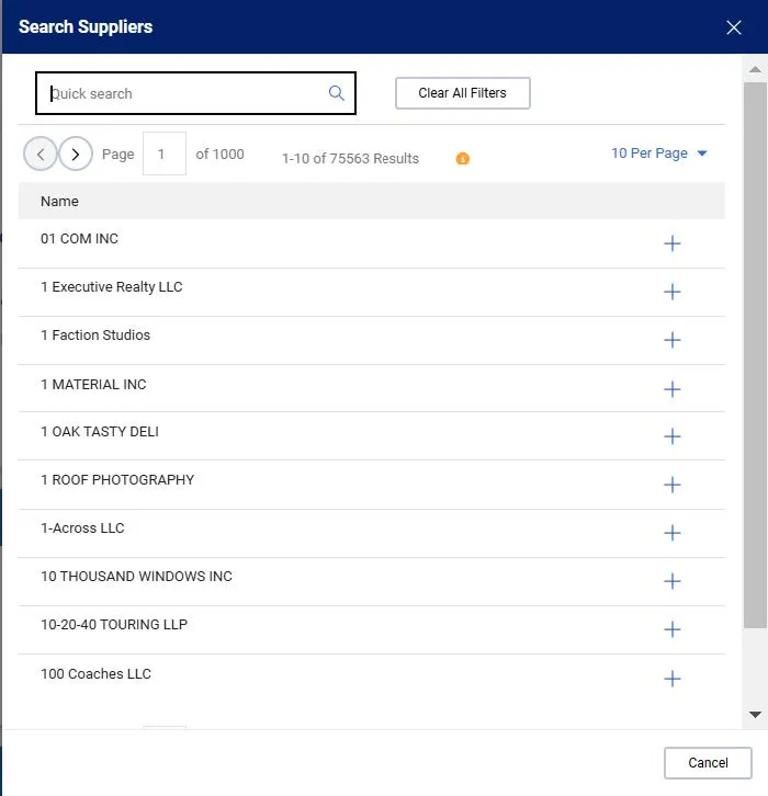 Search suppliers window.