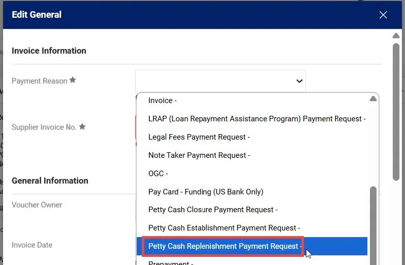 The edit general window with dropdown menu expanded and the Petty Cash Replenishment Payment Request highlighted.