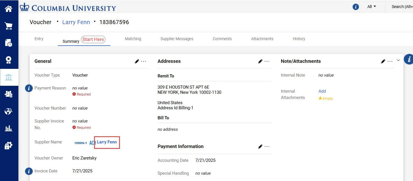 The voucher summary tab. 