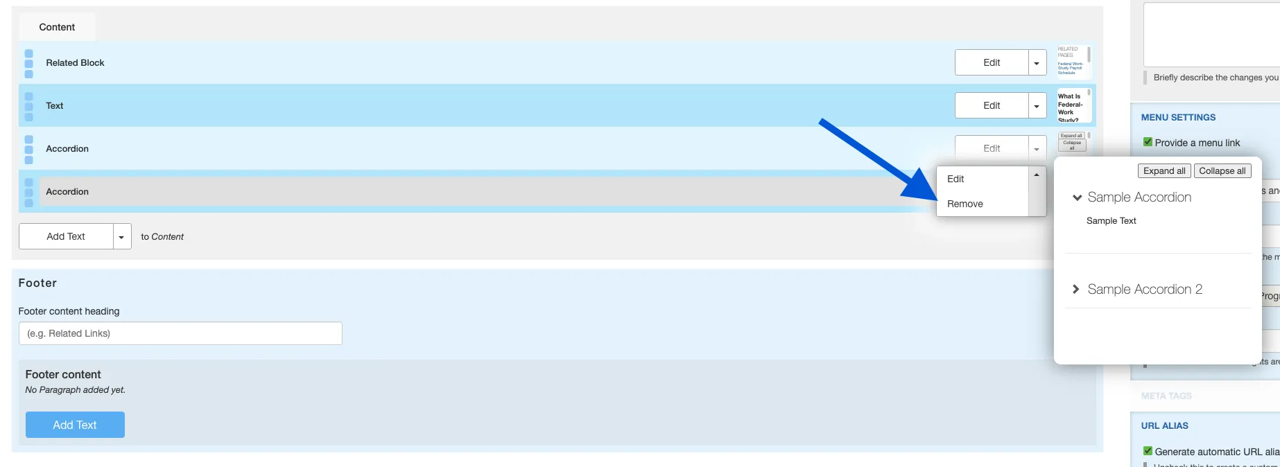 A drop-down menu will appear prompting you to edit or remove the accordion. Click Remove.