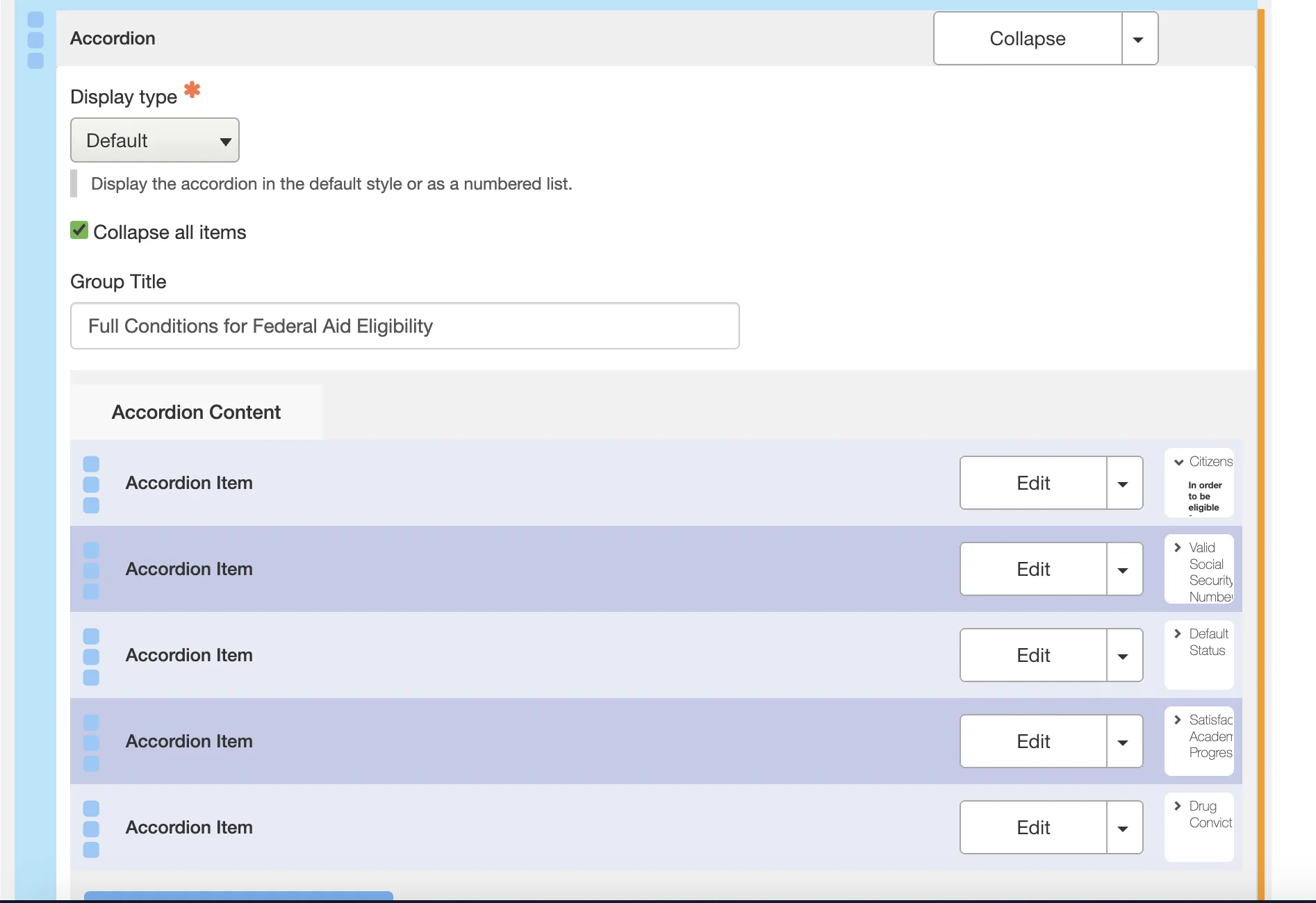 Click Edit to change the title of the accordion item or to change content within the accordion item.