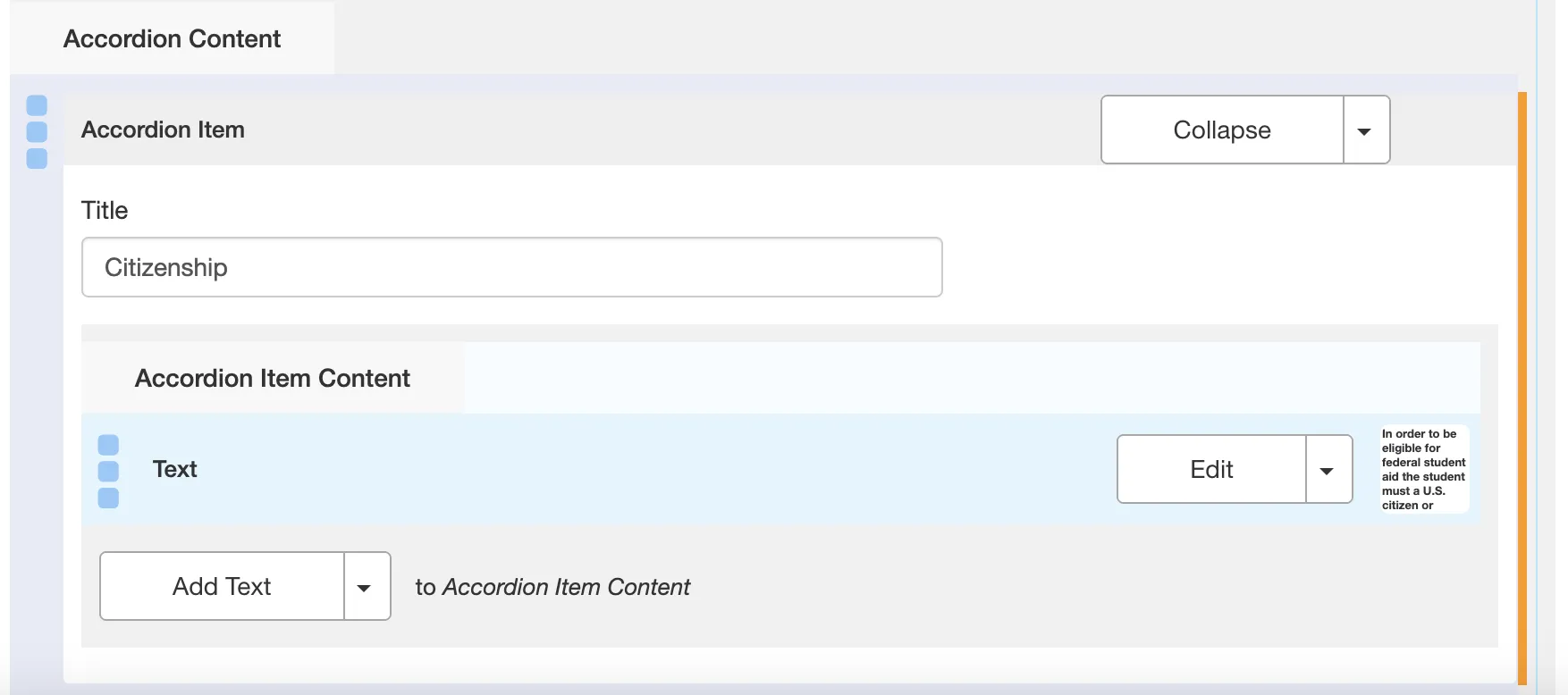 To change a text box, image, or table within a single accordion item, click Edit within the appropriate content block.