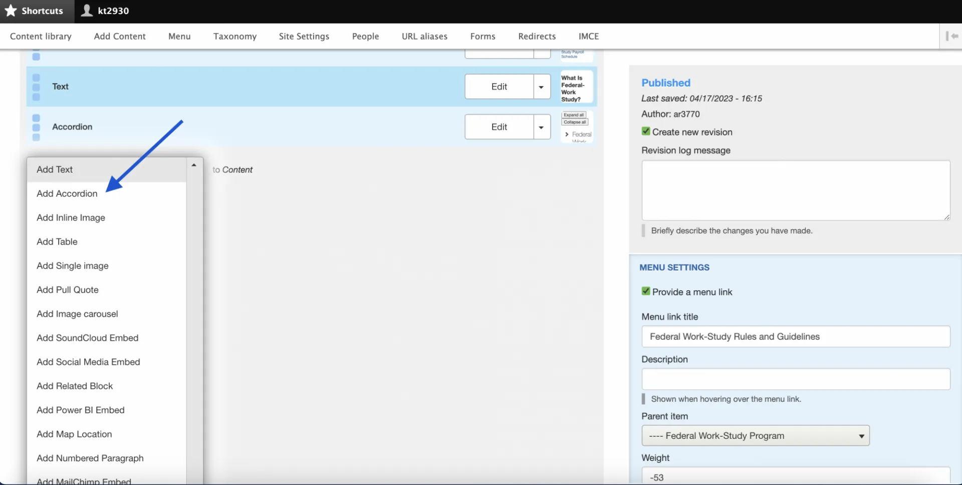 A drop-down menu will appear. Click add accordion.