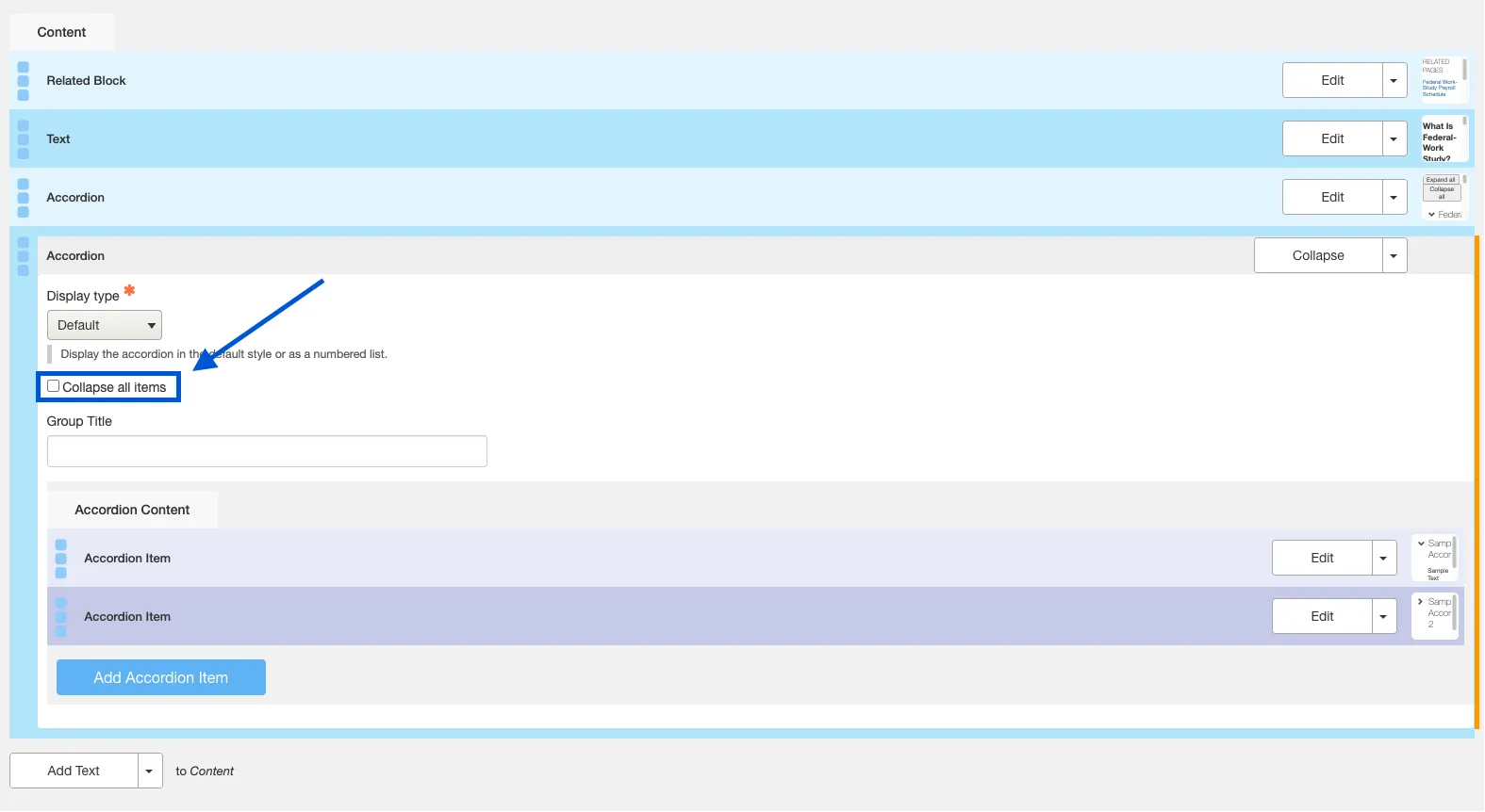 If you would like to make all accordion items collapsed, click the checkbox on the backend that says Collapse All Items.