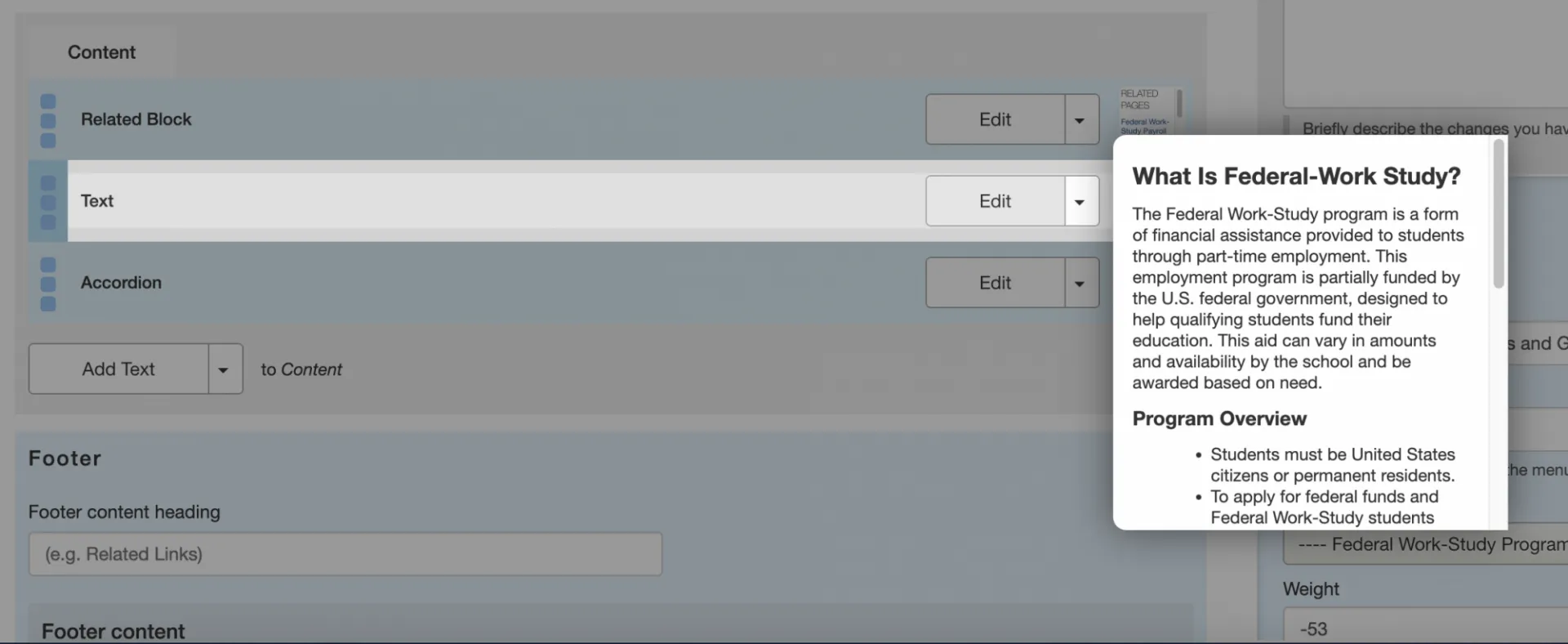 To find which content block has the content you are looking for hover your cursor over the thumbnail image next to the Edit button. The thumbnail will appear larger and show you a preview of that content block.
