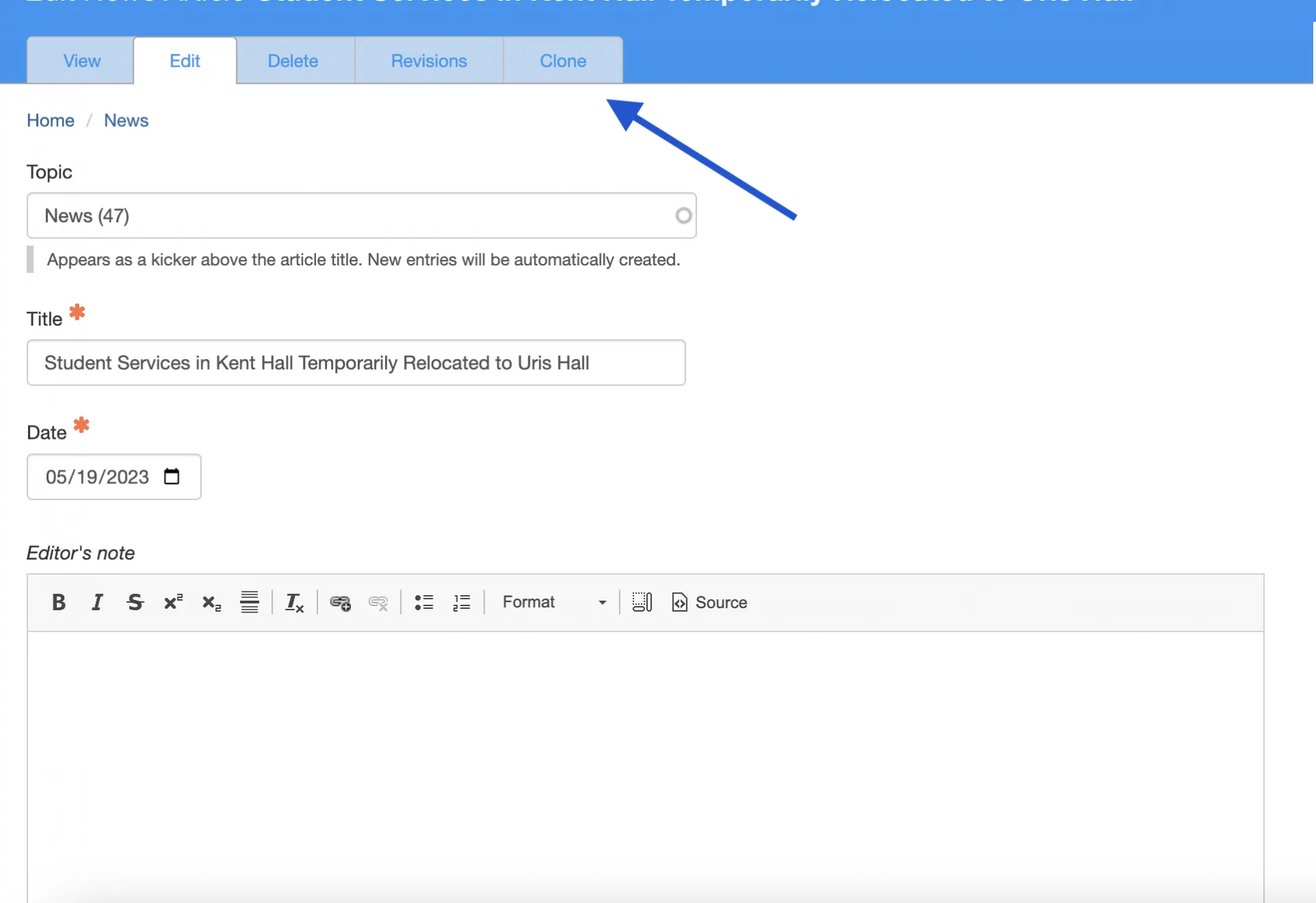 At the top of the backend view of the page, you will see a navigation bar with a horizontal list of actions. Click Clone.
