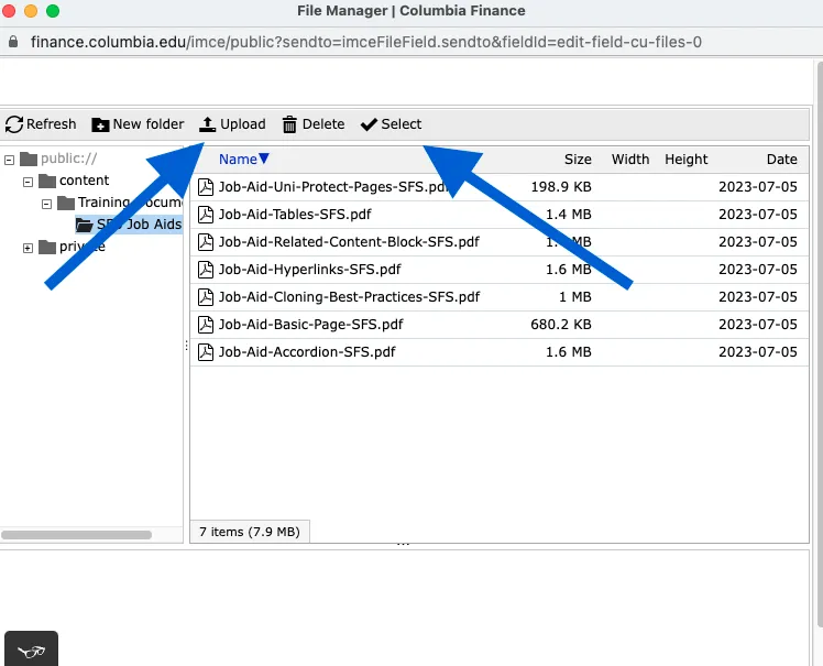 Once you find the correct folder for your new document, Click Upload. Once your file has been uploaded into the IMCE, Click Select.