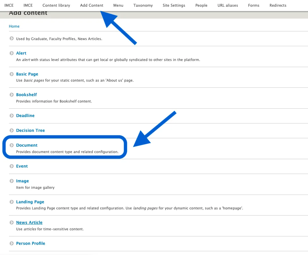 On the editor toolbar at the top of the page, Click Add Content. You will be taken to a list of different content items you can add. Click Document.