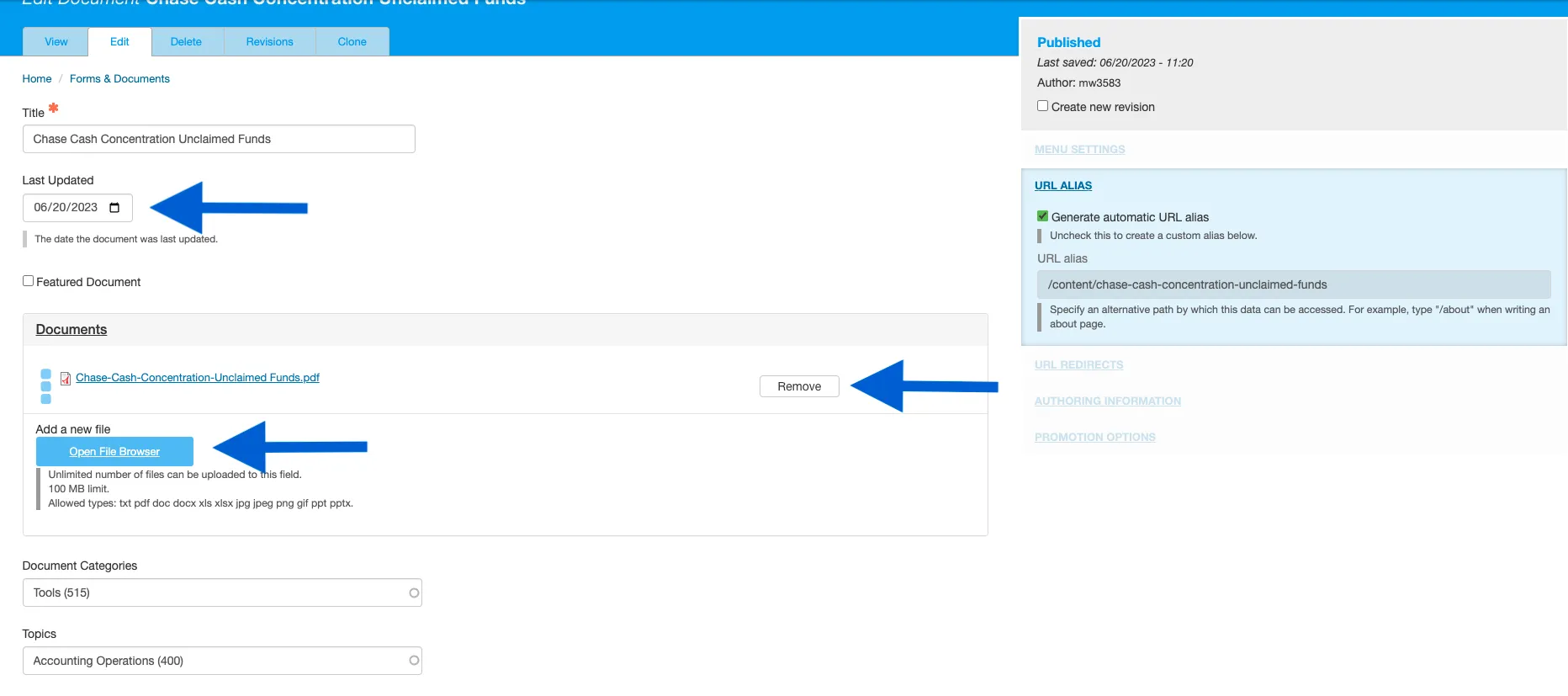 Forms and Docs content item back end with arrows indicating editable content. 