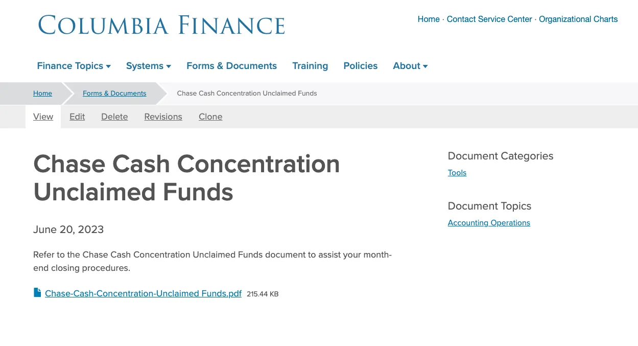 Example of a document content page: Chase Cash Concentration Unclaimed Funds.
