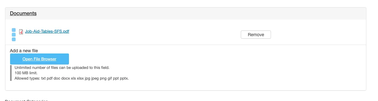 After you click select, you will be brought back to the back end of the document page and your document will appear here.