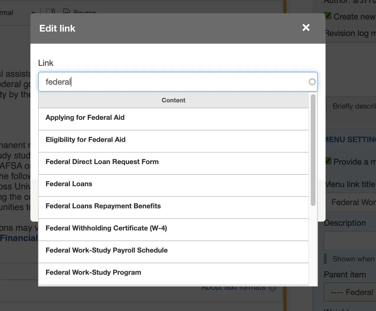 Inside the link editor box, type out the name of the internal page you want to link. 