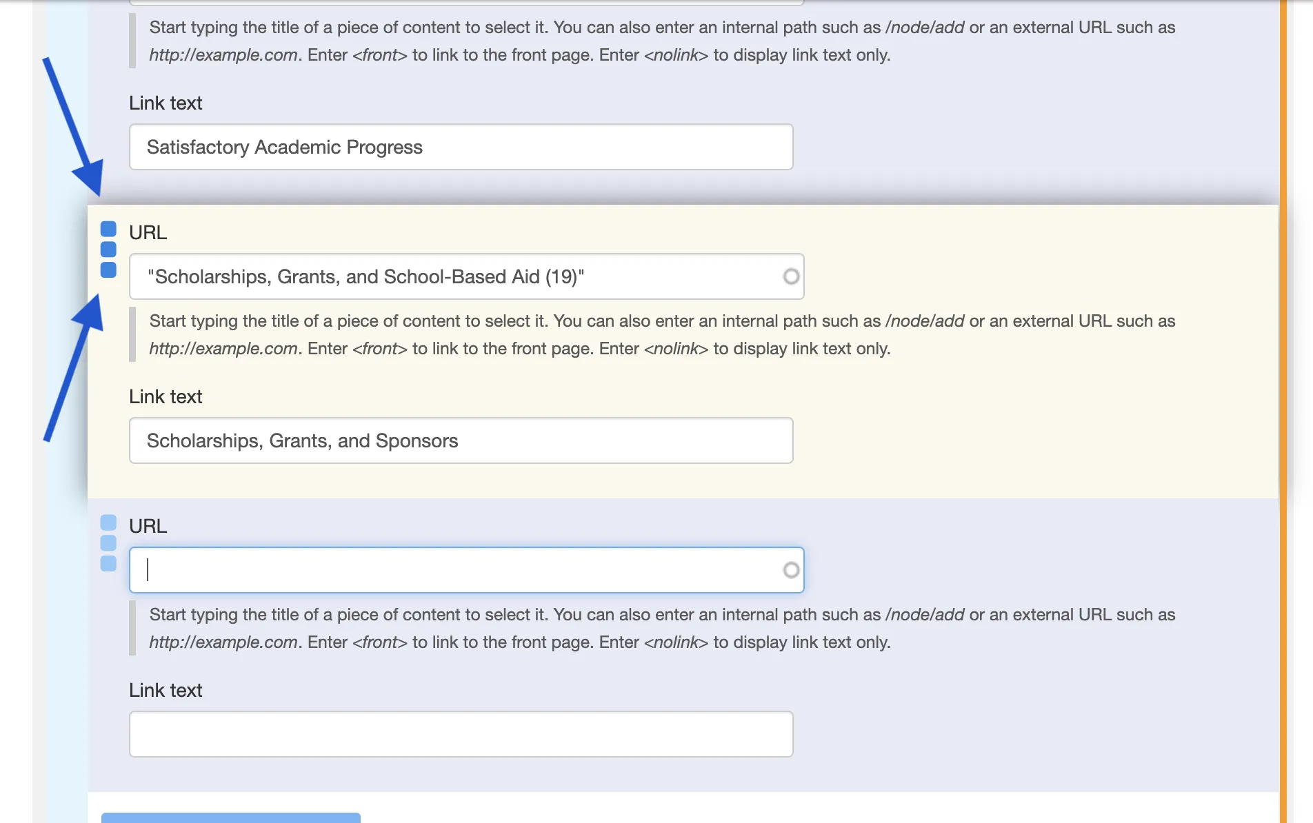 The related link you are going to move will be highlighted yellow. Drag the field to your desired order.