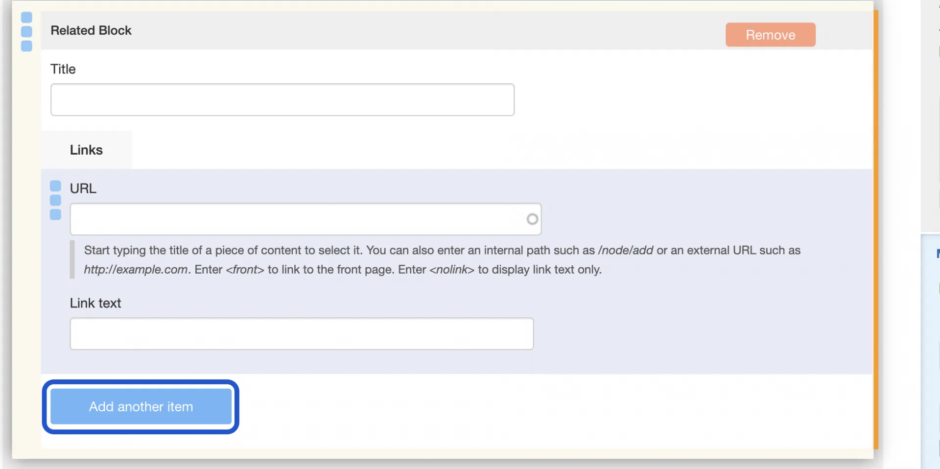 If you would like to add another link, Click Add Another Item.
