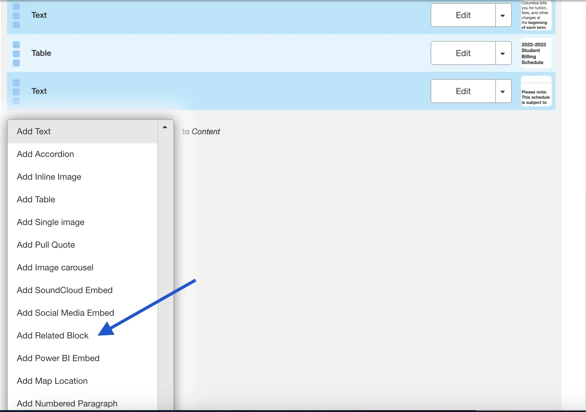 Click Add Related Block The new related content block will appear.