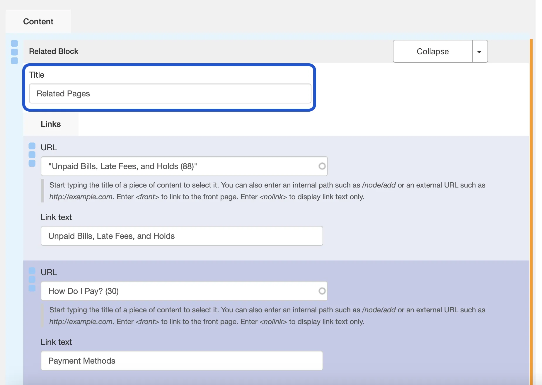 The title for the related content block is always Related Pages.
