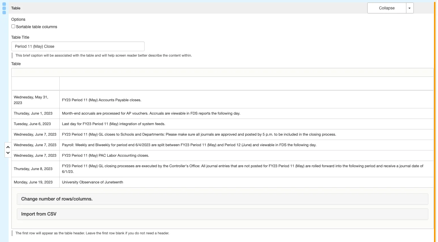 This will open the table’s content block and all the individual accordion items will be displayed.