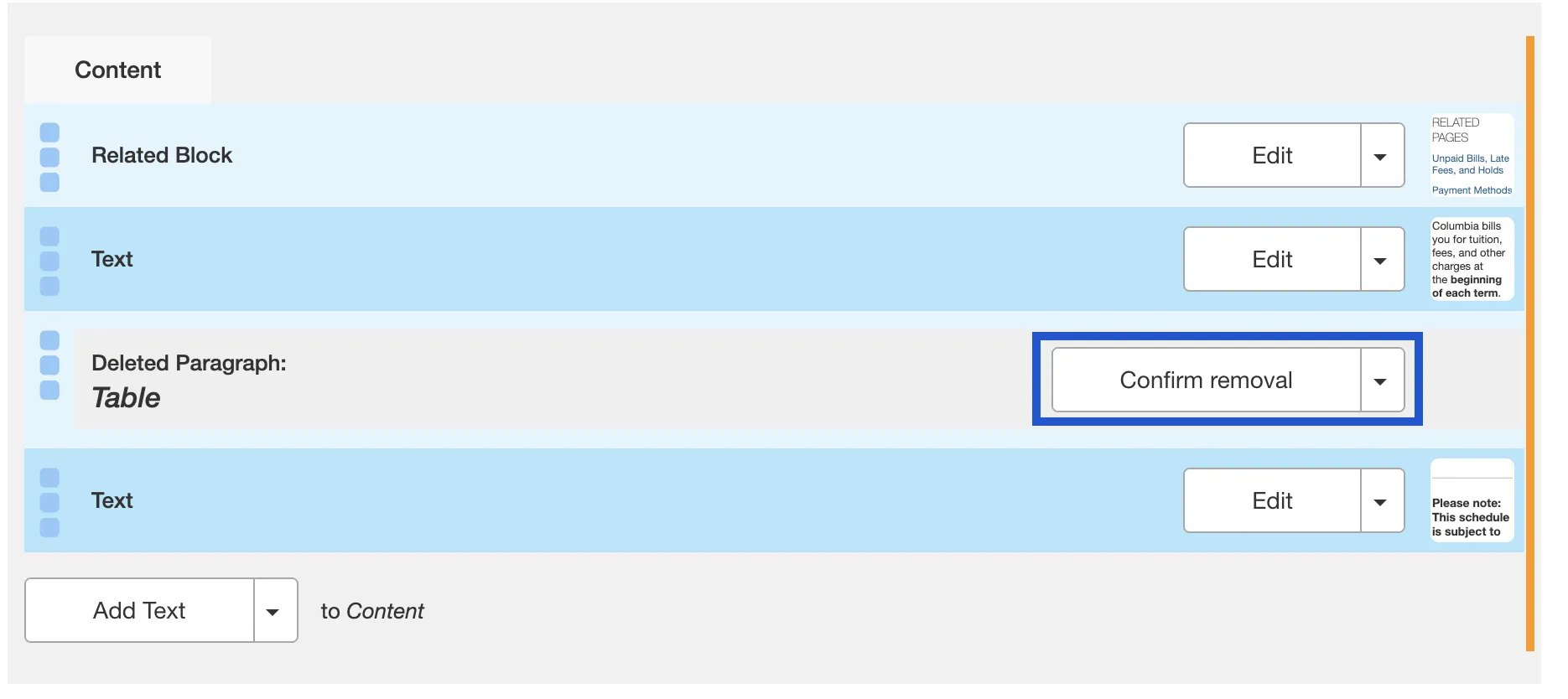 Click Remove. You will be prompted to confirm you would like to remove the table content block. Click Confirm.