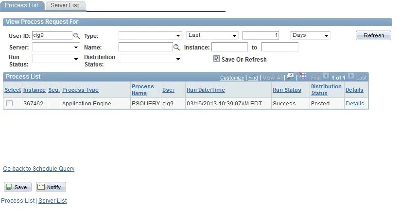 Choose Process Monitor (upper right) to view Run Status. Click Refresh to update stats. When the action is complete, distribution status will post. Click on Details for a log with details of the report. 
