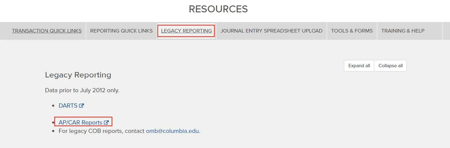 Scroll down to Resources and click the Legacy Reporting tab.