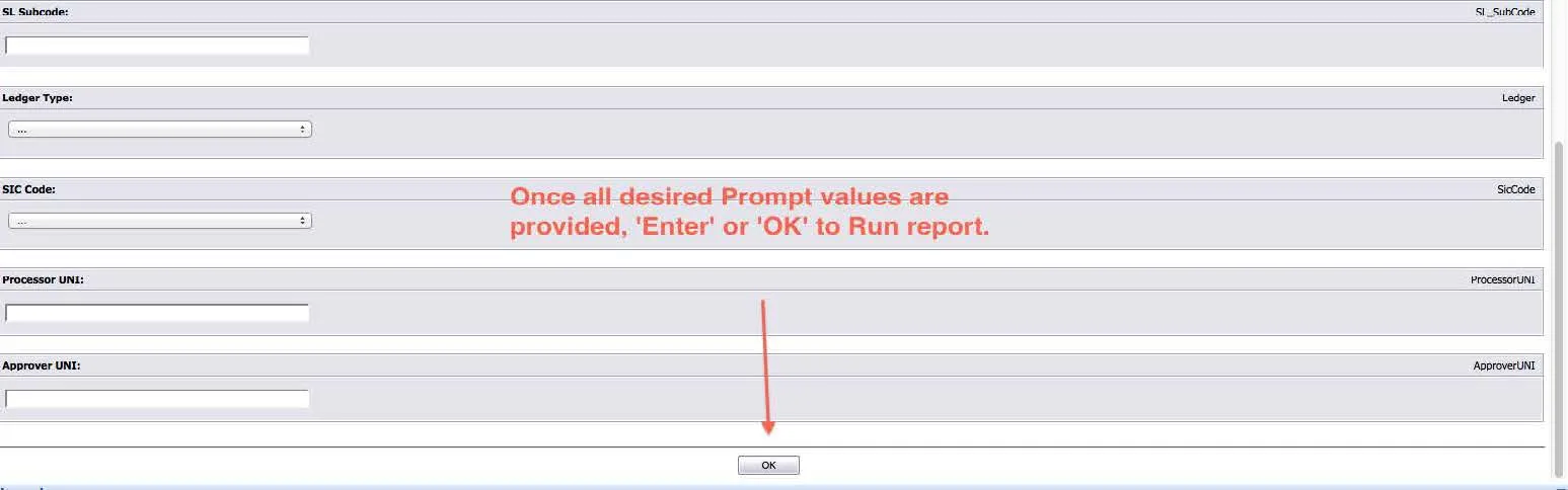 After entering all desired report parameters, click OK to run the report.