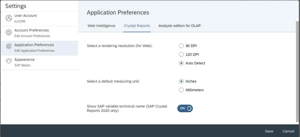Select the Crystal Reports tab from the top of the Settings window. 