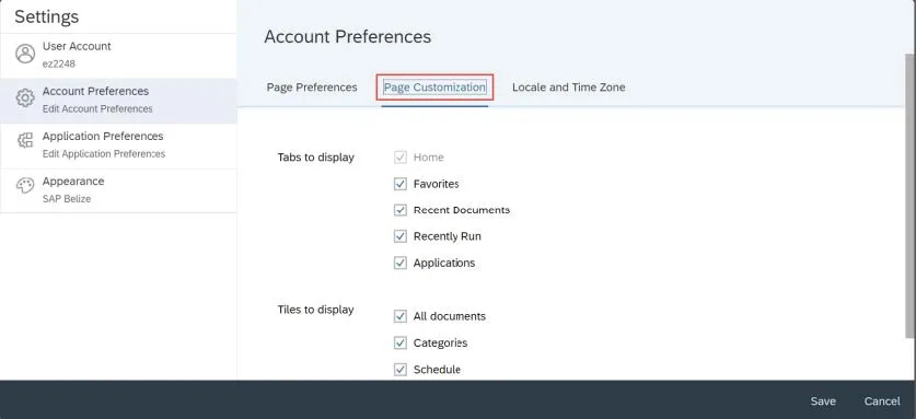 Click the Page Customization tab from the top of the Account Preferences page.