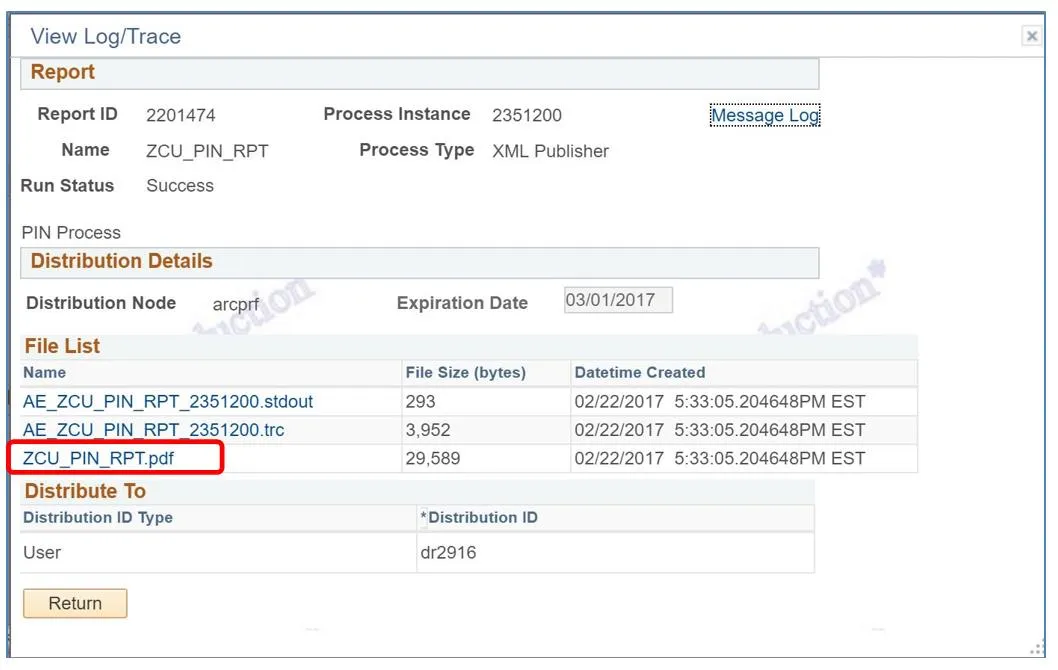 You will now be viewing the “View Log/Trace” page. Click on the ZCU_PIN_RPT.PDF link to download the report. 