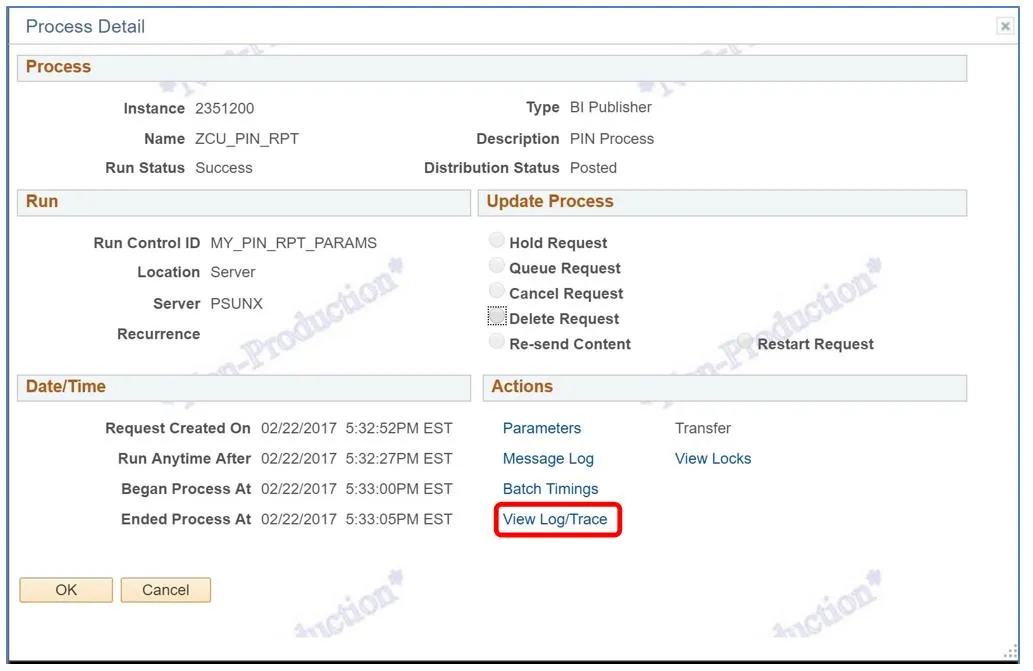 You will now be viewing the “Process Detail” page. Click the “View Log/Trace” link.