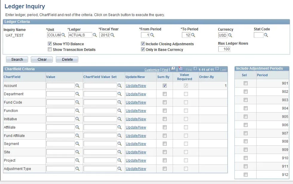 Enter the desired information under ChartField Criteria and click “Search”. 