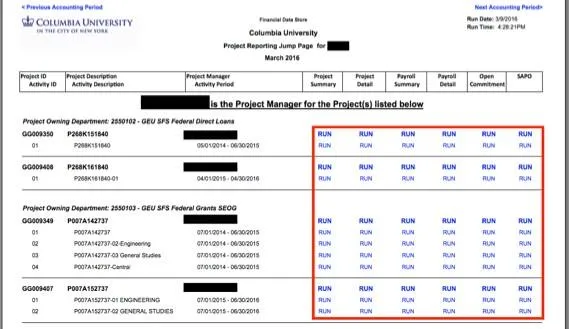 The Project Reporting Jump Page