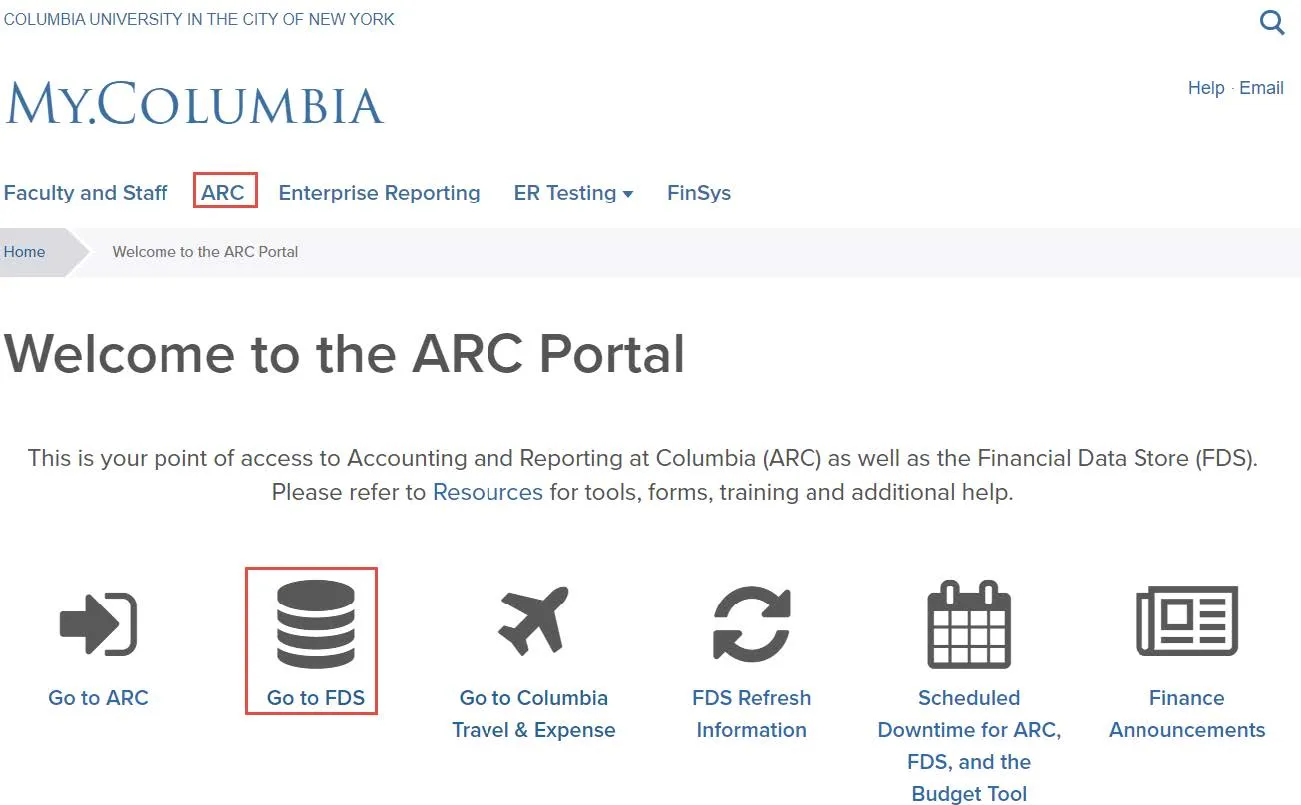 From the My Columbia page, click on the ARC link, then click on the Go to FDS icon.