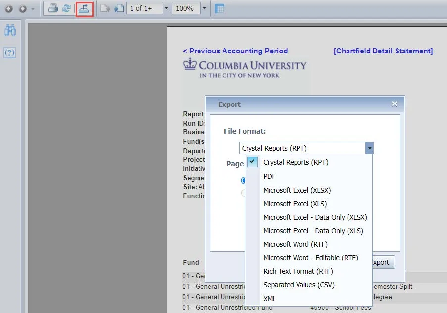 Click the Export icon in the toolbar in the report viewing window. 