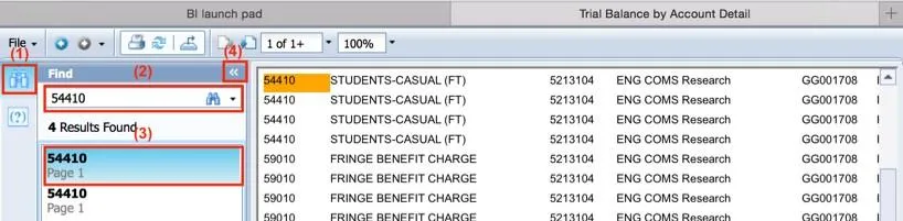 Searching for values within a report example screenshot. 