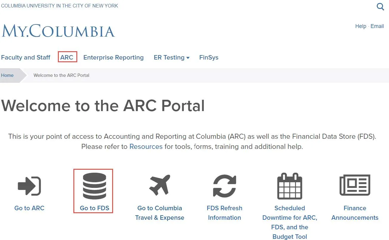 From the My Columbia page, click on the ARC link, then click on the Go to FDS icon: