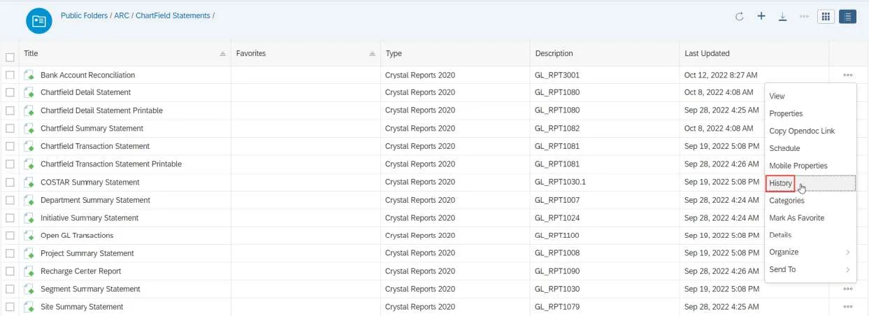 Click the Actions button on the scheduled report and select History.