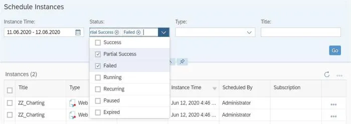 You can filter the Schedule Instance page by date, object type, or name. You can also switch between the list view and a calendar view.