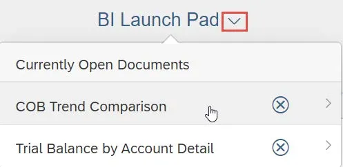 Click the Currently Open Documents dropdown at the top of the screen to switch between documents you have previously run (in the same session) or reports you are currently running.