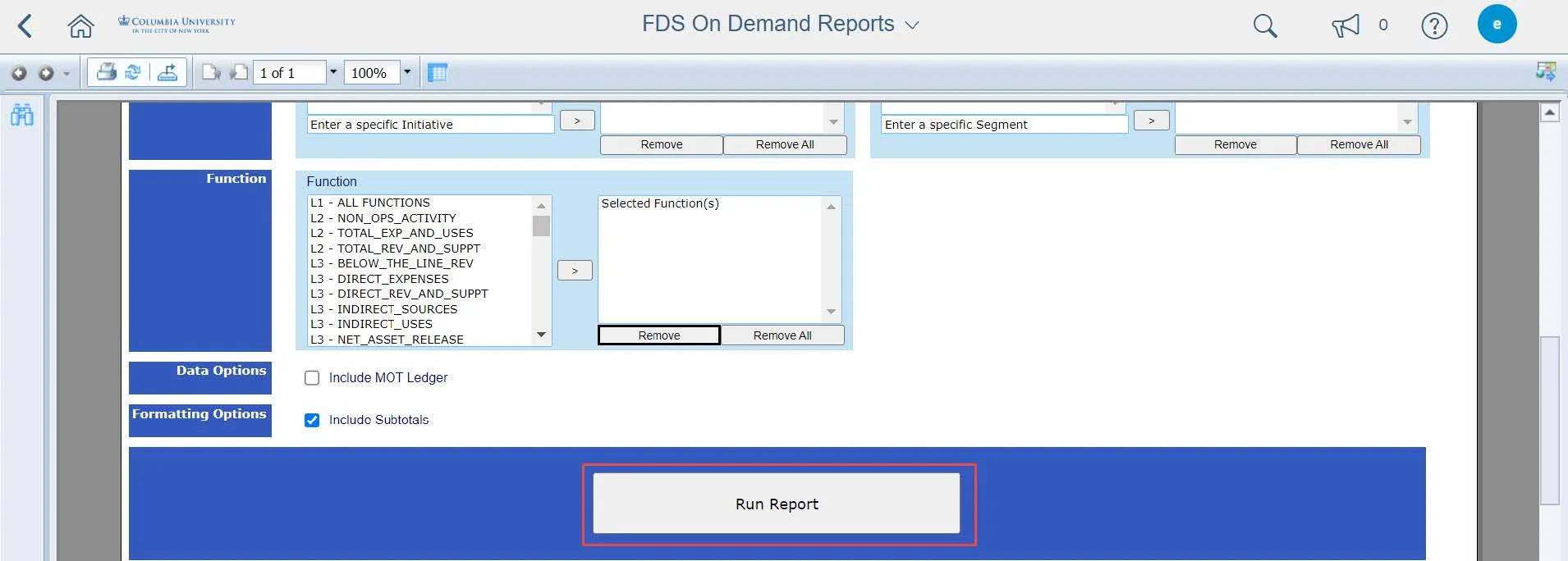 Scroll to the bottom of the Page Parameters and click the Run Report button.