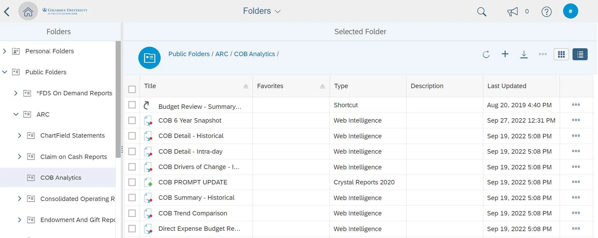 The COB Analytics folder appears with the list of report Titles you can run. 