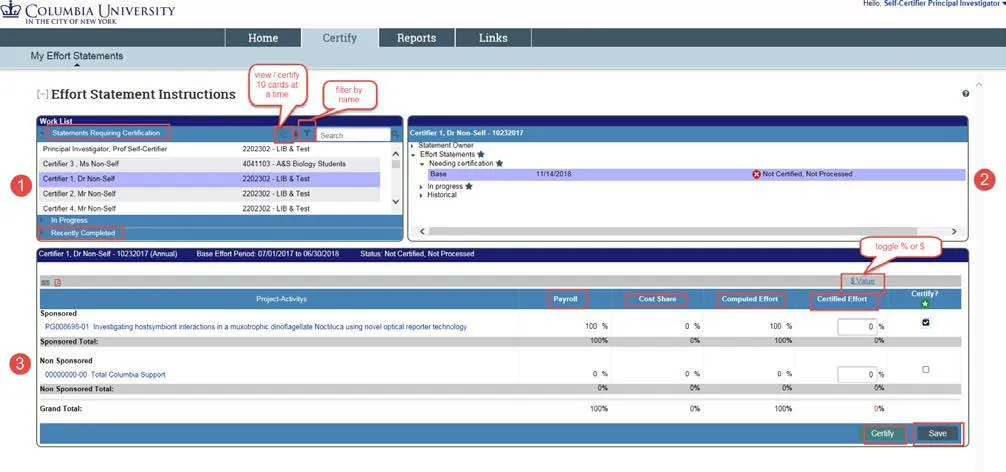 The certification screen is broken up into three sections.