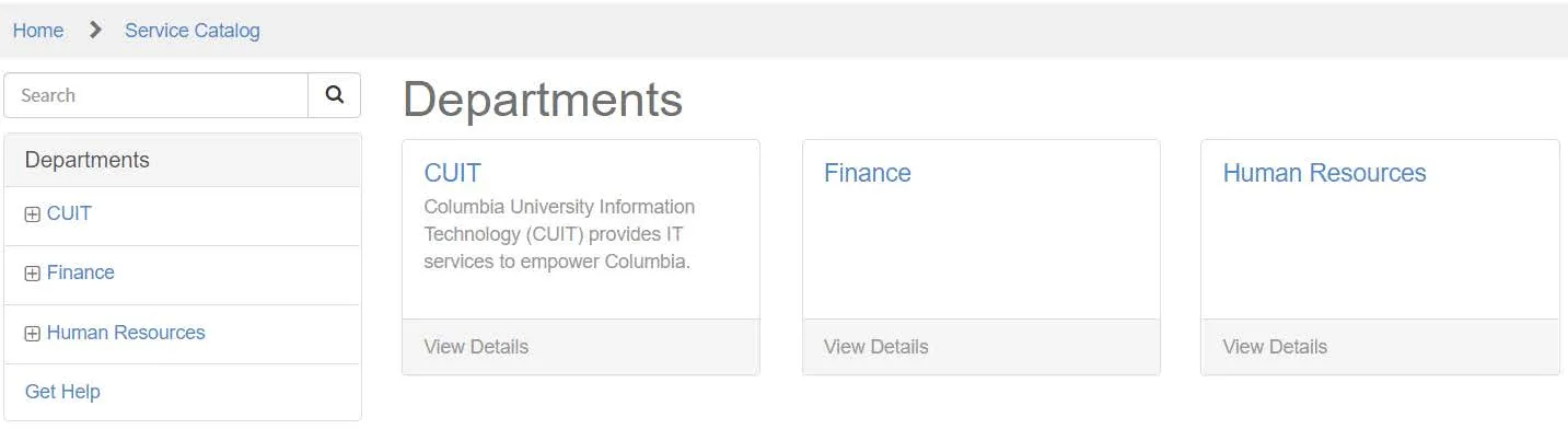 The Service Catalog screen appears.