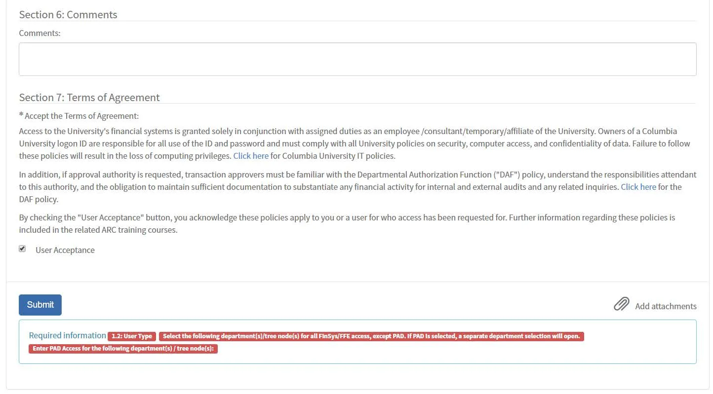 Enter any Comments, select the User Acceptance box for the Terms of Agreement and click Submit