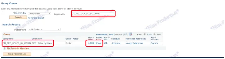 In the search box, enter the query name “CU_SEC_ROLES_BY_OPRID” and click “Search”.