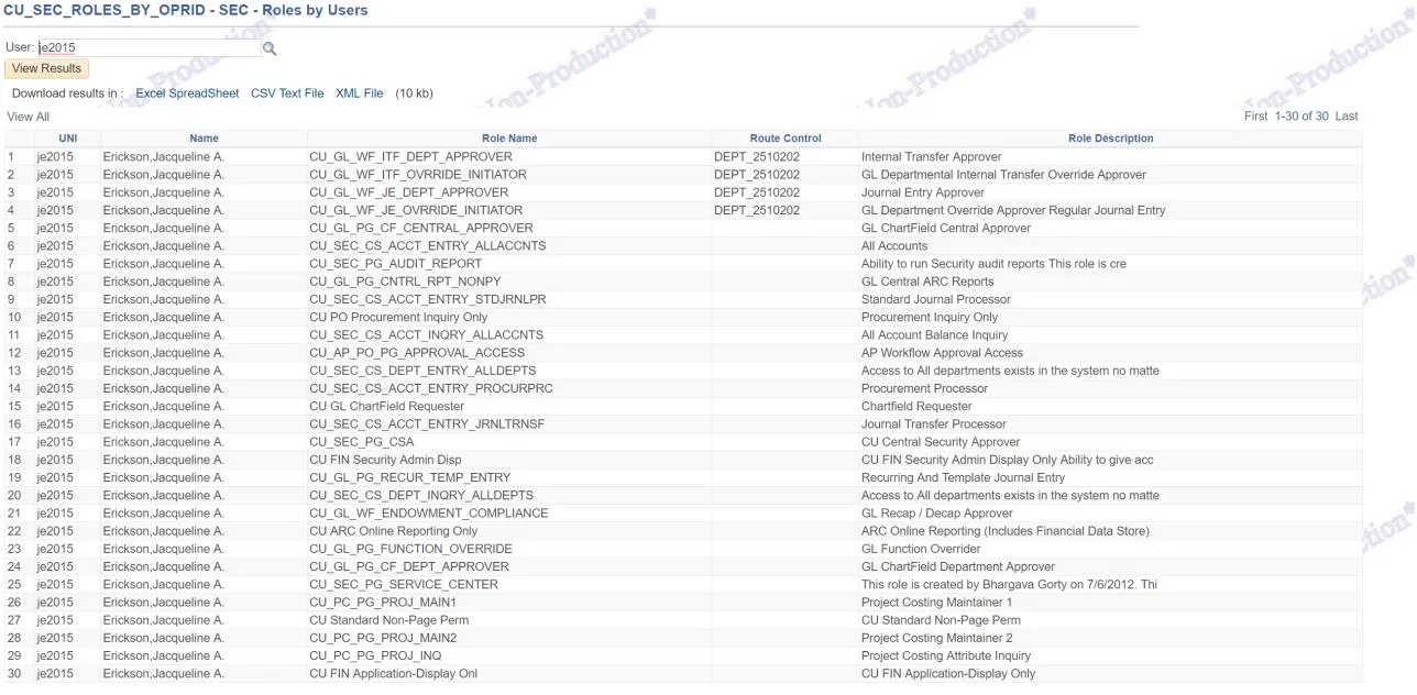 The query will return all roles the user has been granted in ARC and, where applicable, the departments (route controls) for approval.